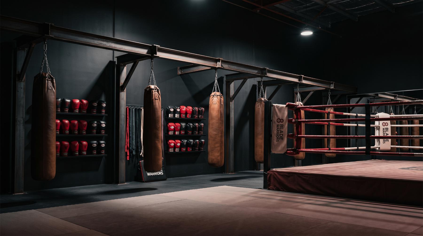 Heavy bags hanging in a dimly lit muay thai gym